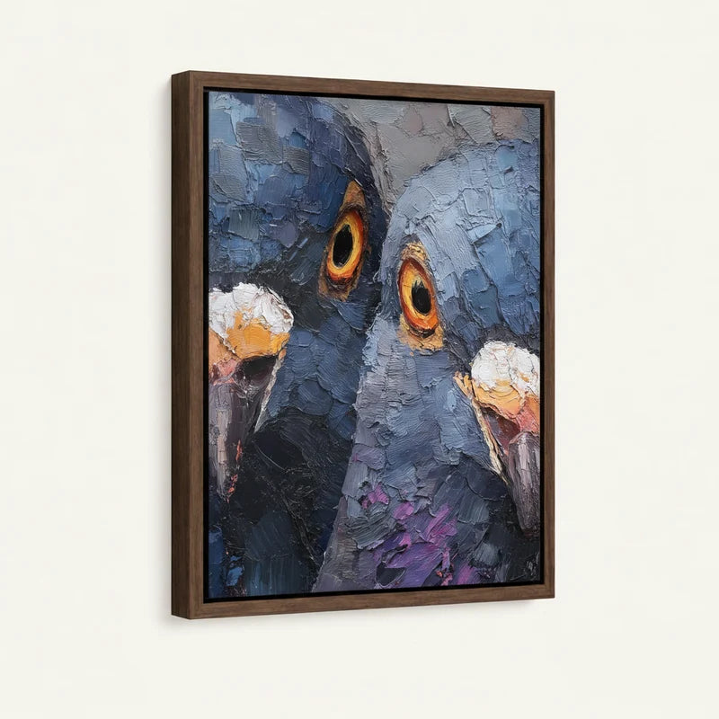 Framed impasto pigeon portrait canvas print with walnut frame shown at angle against white wall