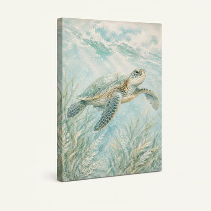 Gallery-wrapped sea turtle canvas art side view showing thick edge wrap and soft coastal palette