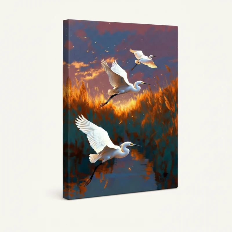 Gallery-wrapped canvas side view of white egrets in flight above reflective wetland with fiery reeds