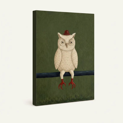 Gallery-wrapped owl canvas art showing deep side edges and rich olive green folk art palette