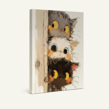 Gallery-wrapped three cats peeking canvas, angled side view showing warm cream background and expressive brushwork