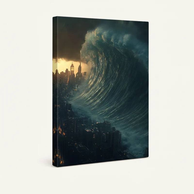 Gallery-wrapped canvas side view of cinematic ocean wave engulfing a golden-lit city skyline