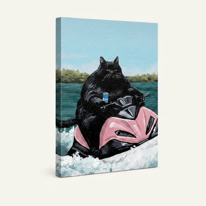 Gallery-wrapped fat black cat jet ski canvas, angled side view showing turquoise water background and wrap edges