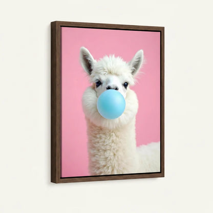 Framed alpaca bubble gum canvas print with walnut frame shown against white wall