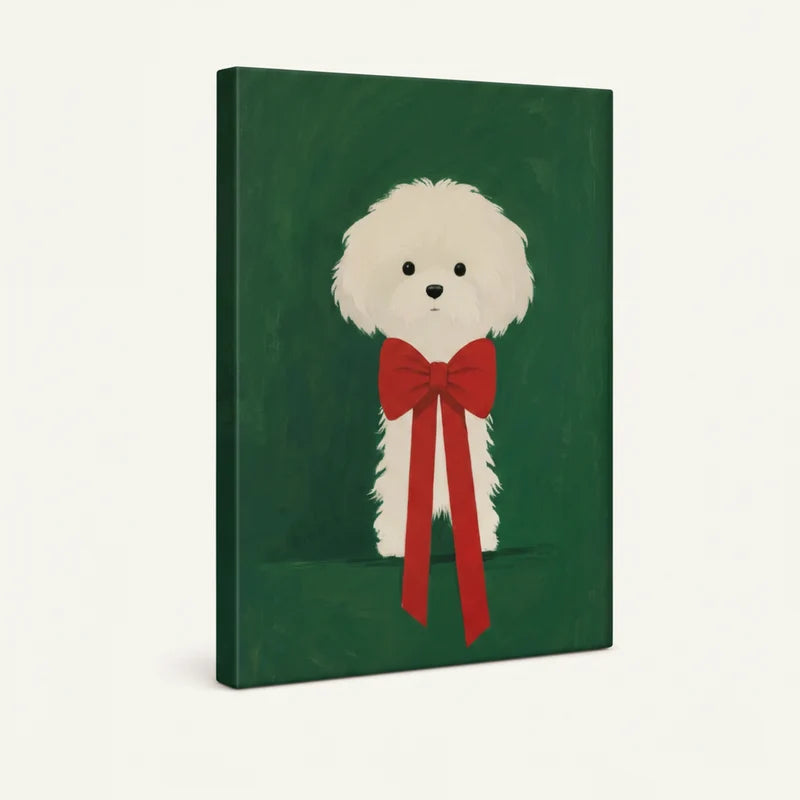 Angled product view of gallery-wrapped canvas showing white fluffy dog with red bow on deep green background