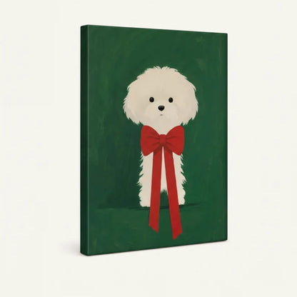 Angled product view of gallery-wrapped canvas showing white fluffy dog with red bow on deep green background