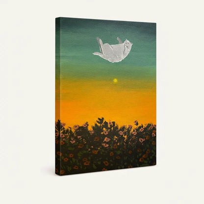 Gallery-wrapped canvas showing floating cat wall art with rich sunset gradient and wildflower field below