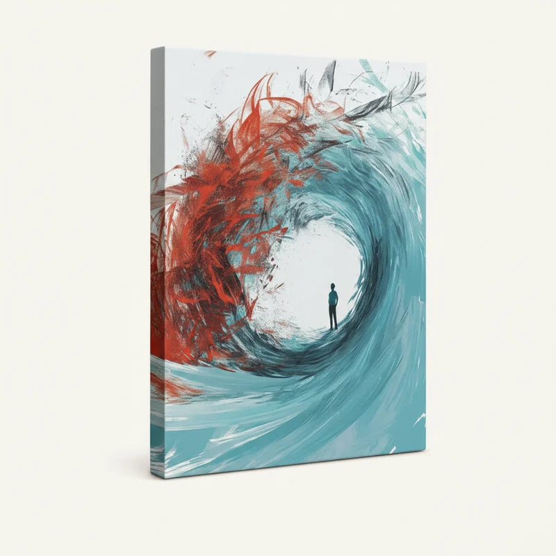 Gallery-wrapped lone figure in swirling wave canvas, 3/4 side view showing deep wrap edges on white background