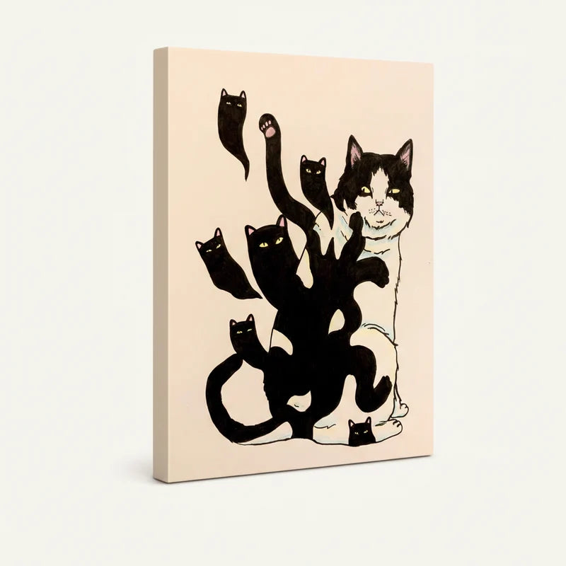 Gallery-wrapped tuxedo cat shadow canvas, 3/4 side view showing deep wrap edges on warm neutral background