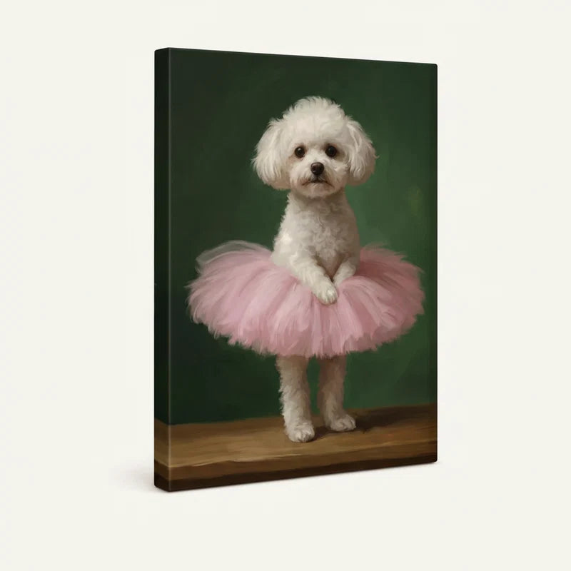 Gallery-wrapped canvas side view of classical poodle ballerina portrait in blush pink and hunter green