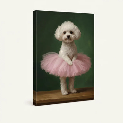 Gallery-wrapped canvas side view of classical poodle ballerina portrait in blush pink and hunter green