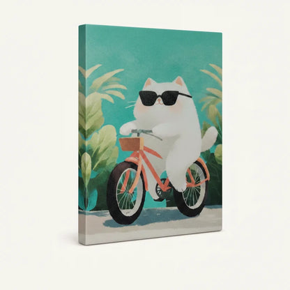 Gallery-wrapped canvas close-up of chubby cat in black sunglasses cycling through lush green foliage