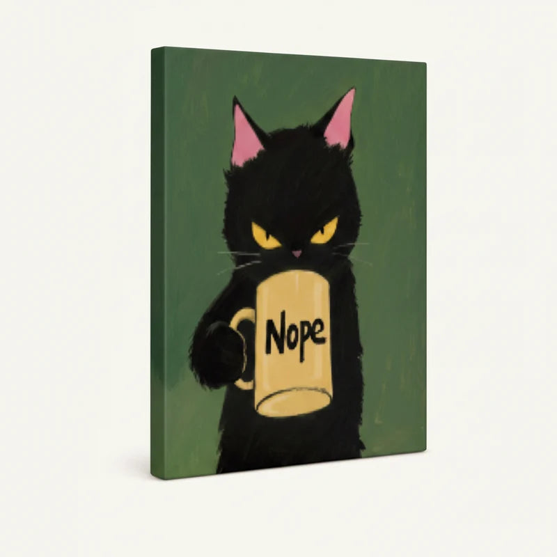Gallery-wrapped grumpy black cat canvas showing deep green background wrapping around edges
