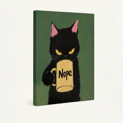 Gallery-wrapped grumpy black cat canvas showing deep green background wrapping around edges