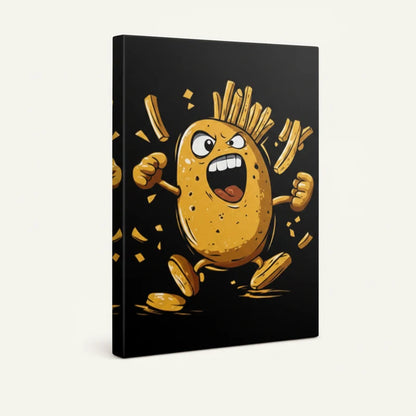 Gallery-wrapped canvas angled view showing bold yellow potato cartoon illustration on deep black background