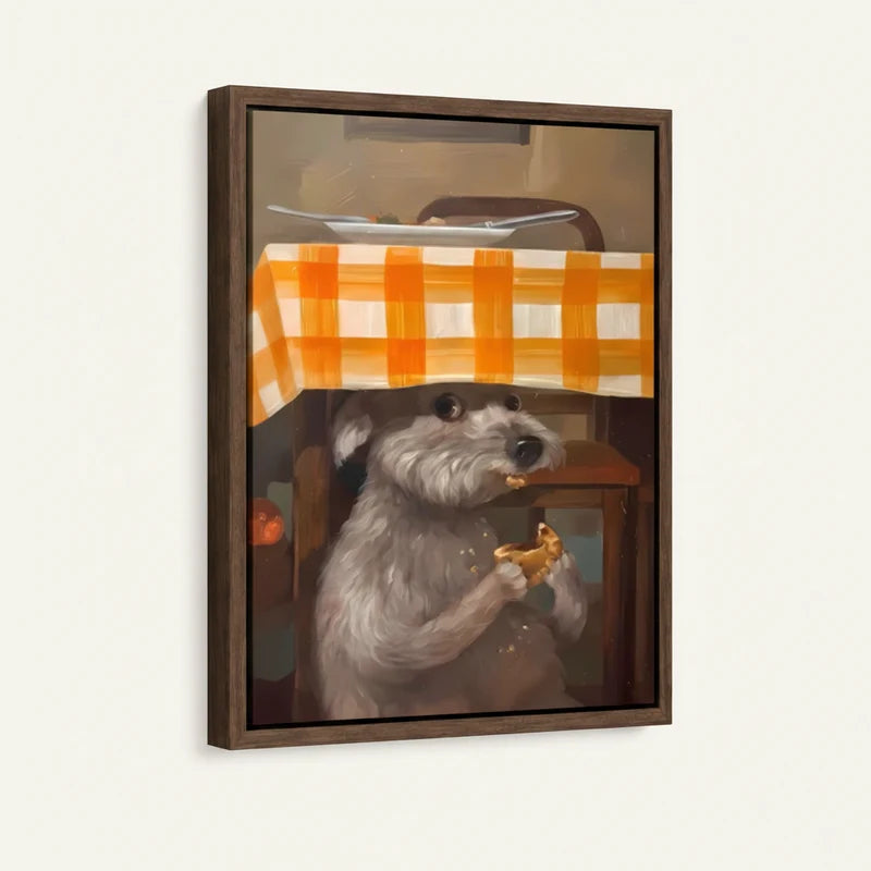 Framed schnauzer sneaking food canvas print with walnut frame shown at angle against white wall