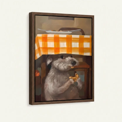 Framed schnauzer sneaking food canvas print with walnut frame shown at angle against white wall