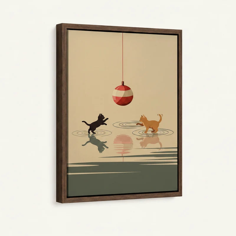 Framed minimalist cat canvas print with walnut frame shown at angle against white wall