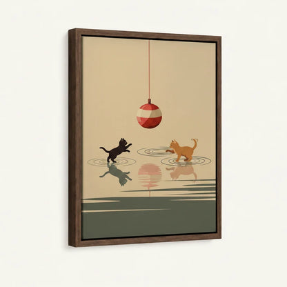 Framed minimalist cat canvas print with walnut frame shown at angle against white wall