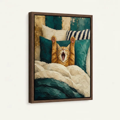Funny cat yawning impasto canvas print with walnut frame shown against white wall