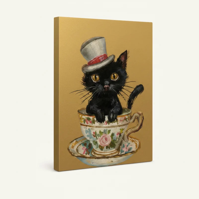 Gallery-wrapped canvas close-up of tiny black cat with golden eyes inside a rose-painted teacup on amber background