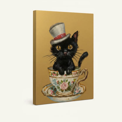 Gallery-wrapped canvas close-up of tiny black cat with golden eyes inside a rose-painted teacup on amber background