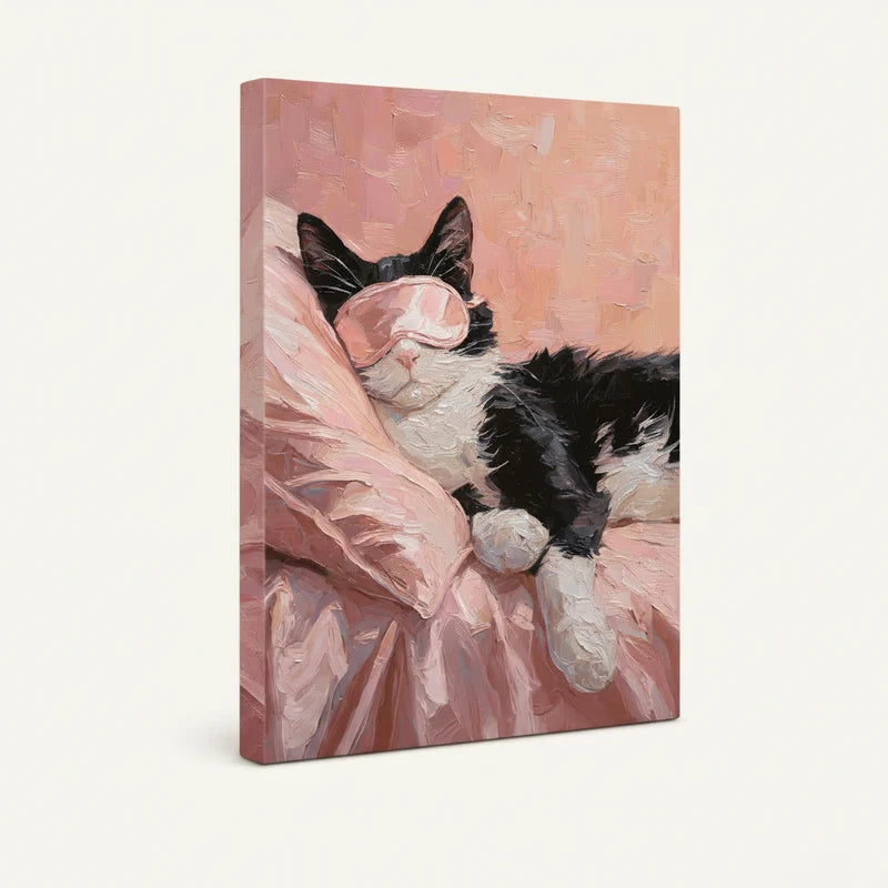 Gallery-wrapped sleeping cat canvas showing deep side profile and rich rose pink palette