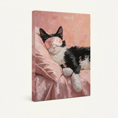 Gallery-wrapped sleeping cat canvas showing deep side profile and rich rose pink palette