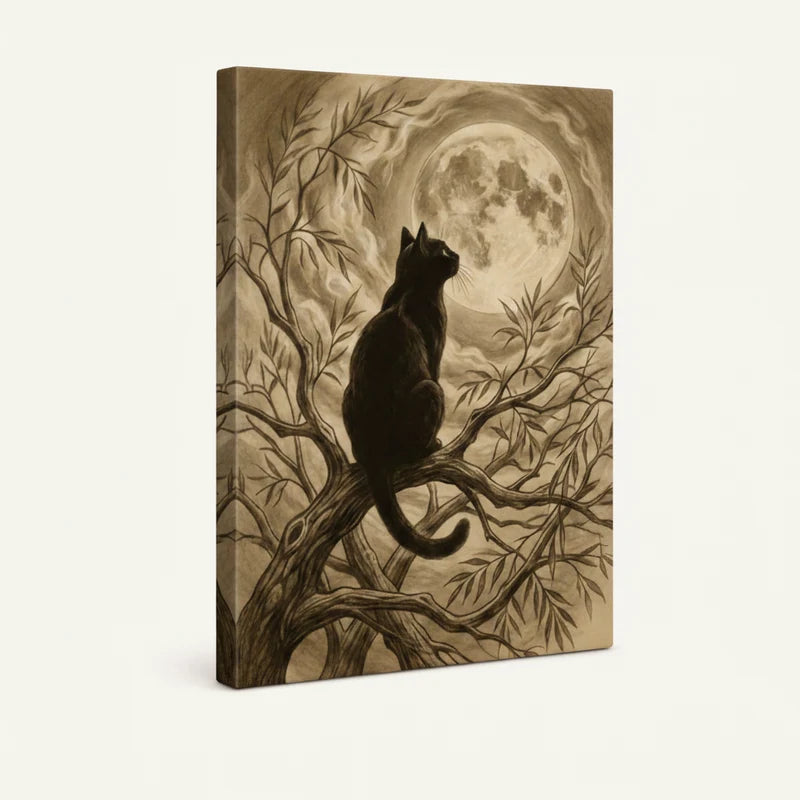 Gallery-wrapped sepia black cat moon canvas showing vintage botanical illustration side profile