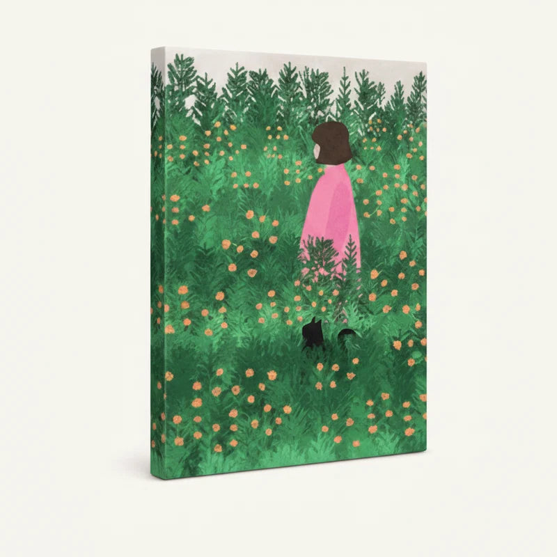 Gallery-wrapped canvas side view of botanical girl and cat illustration in forest green and peach tones
