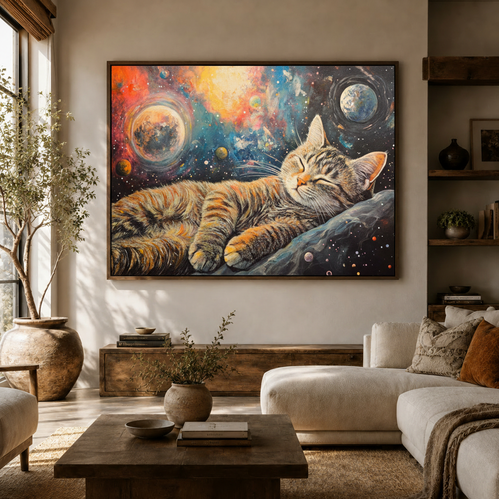 Cat galaxy space impasto canvas wall art above sideboard in bright Japandi living room with white curved sofa