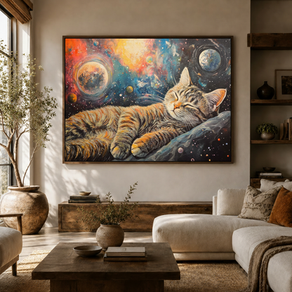 Cat galaxy space impasto canvas wall art above sideboard in bright Japandi living room with white curved sofa