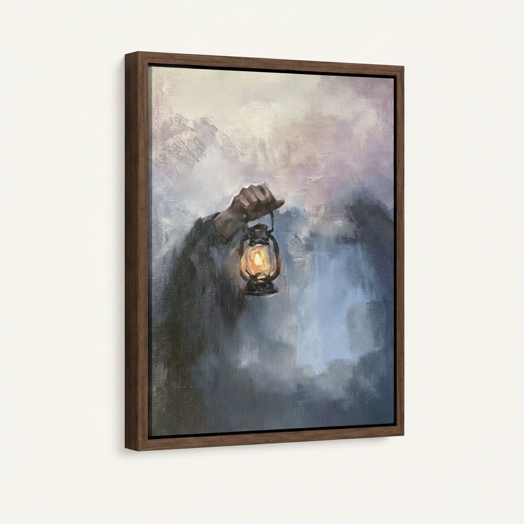 Lantern in mist oil painting canvas in dark walnut float frame displayed at angle on white background