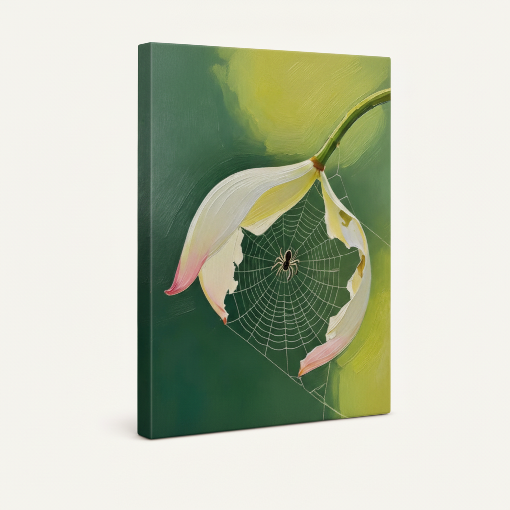 Gallery-wrapped botanical canvas featuring lotus flower and spider web, white background
