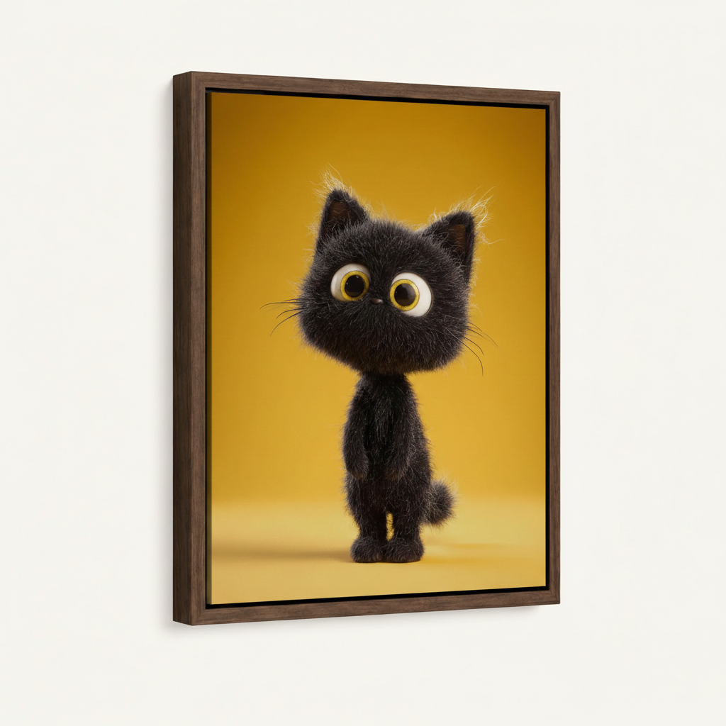 Dark wood float frame close-up of 3D black kitten with oversized golden eyes on amber yellow background