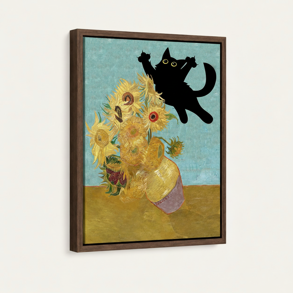 Framed whimsical cat painting in walnut float frame angled product shot on white background