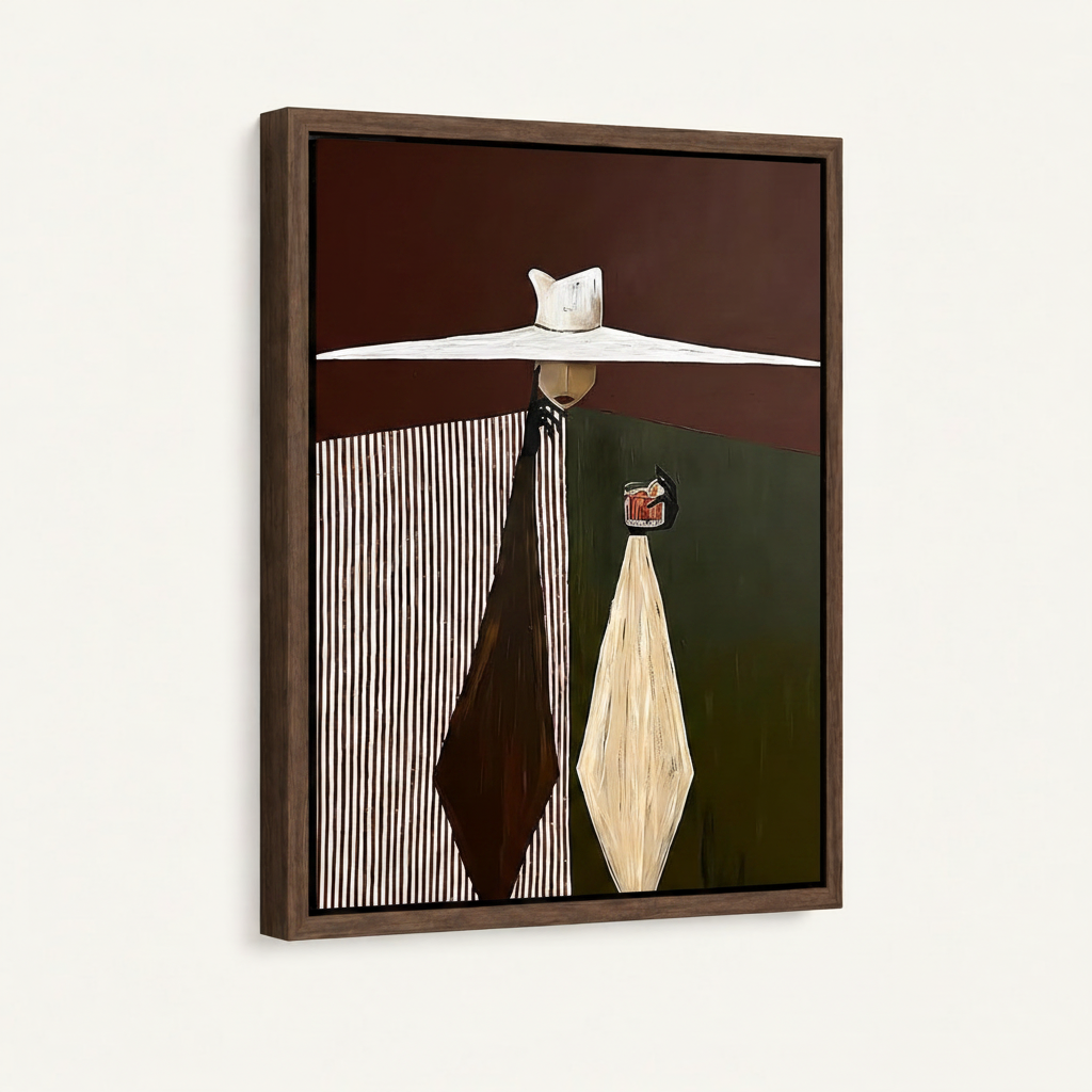 Framed abstract figurative canvas print with dark walnut float frame on white background