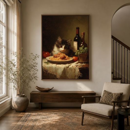 Dark classical cat spaghetti still life canvas in float frame above dark walnut entryway credenza