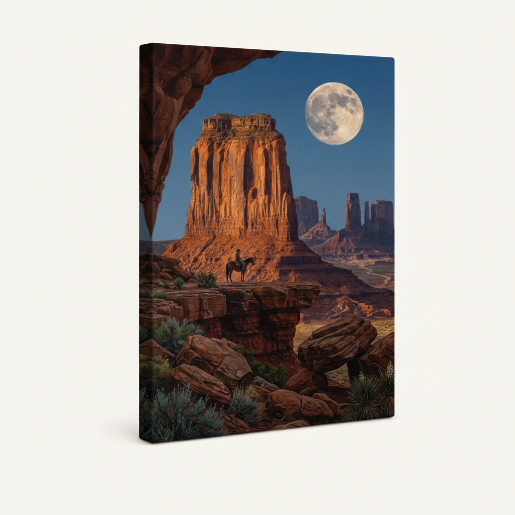 Gallery-wrapped canvas western landscape art, frameless side view showing painting wrap around thick edges