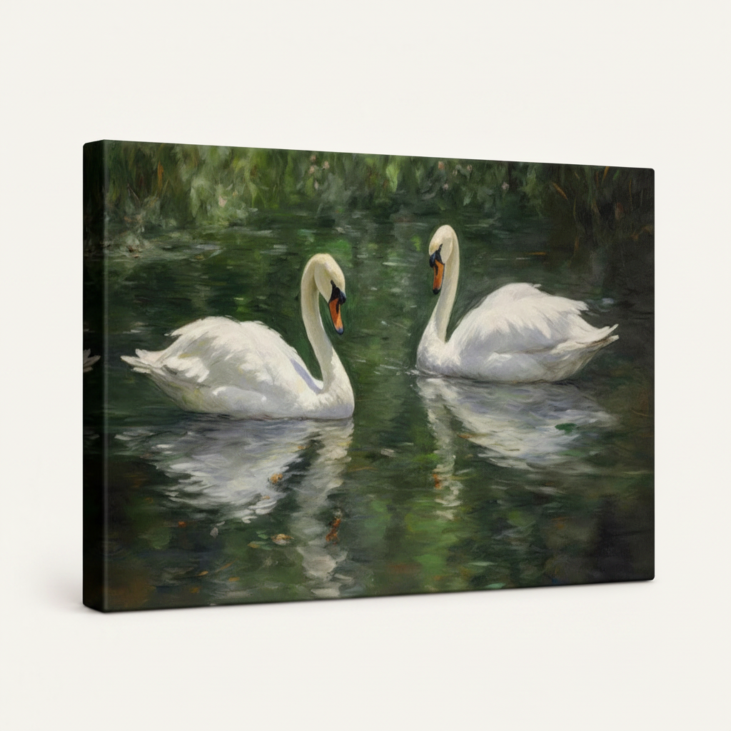 Gallery-wrapped swan lake canvas wall art, side-angle product view showing canvas wrap on white background