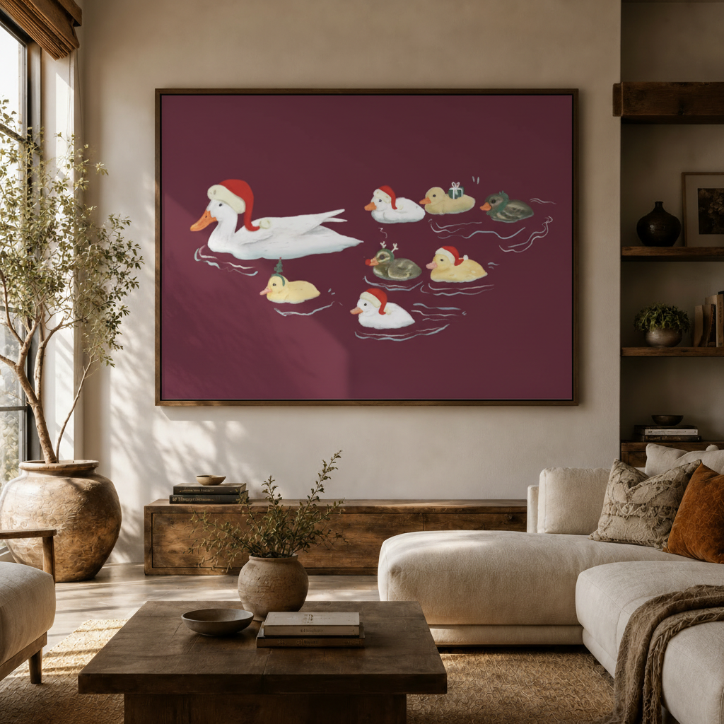Christmas duck canvas framed art above sideboard in modern neutral living room with white sofa and olive tree