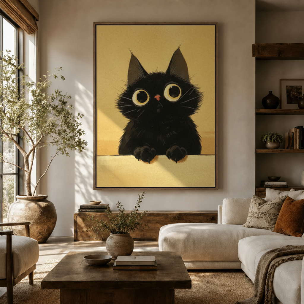 Whimsical black cat canvas print hanging above sideboard in earthy living room