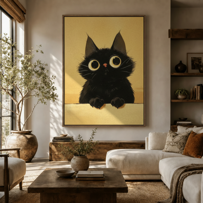 Whimsical black cat canvas print hanging above sideboard in earthy living room