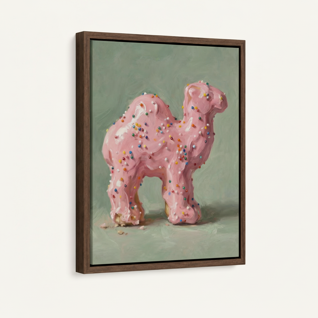 Dark walnut float frame canvas art featuring frosted camel cookie painting, white background