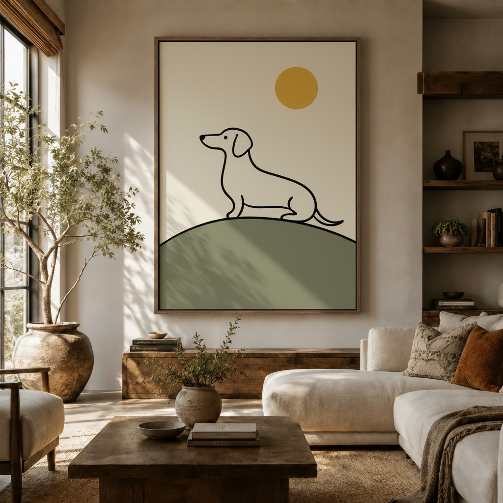 Minimalist dachshund line art canvas in dark walnut float frame above sideboard in bright organic modern living room with olive tree