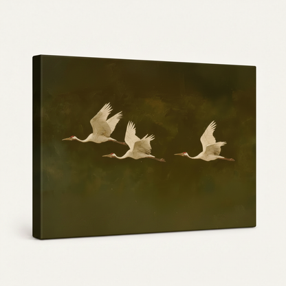 Gallery wrapped white cranes canvas print, side angle showing solid olive-green wrapped edges on white background