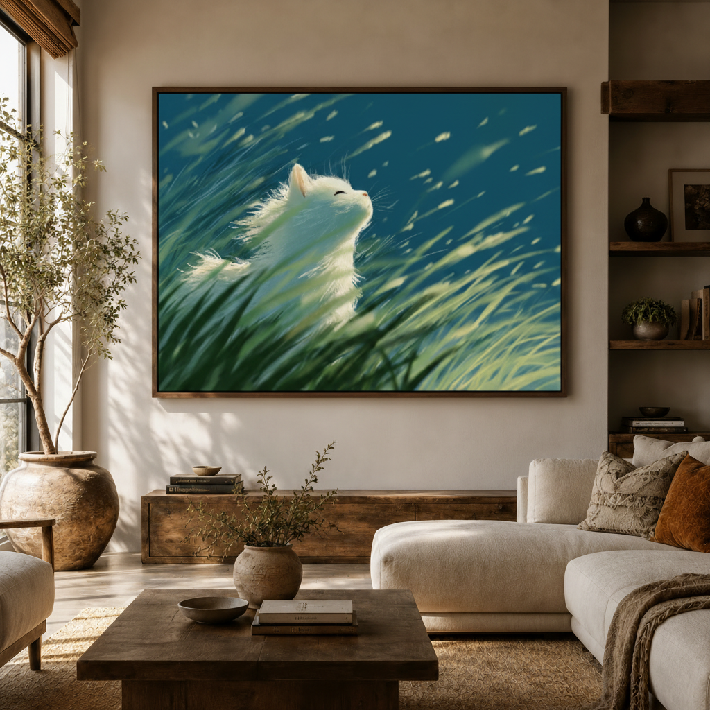 White cat wind-swept grass Ghibli anime canvas wall art above console in bright Japandi living room
