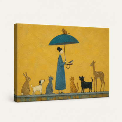 Gallery-wrapped folk art canvas featuring a woman with a teal umbrella and animal friends, shown at an angle.