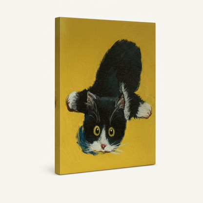 Gallery-wrapped canvas side view of playful black cat impasto painting on mustard yellow background