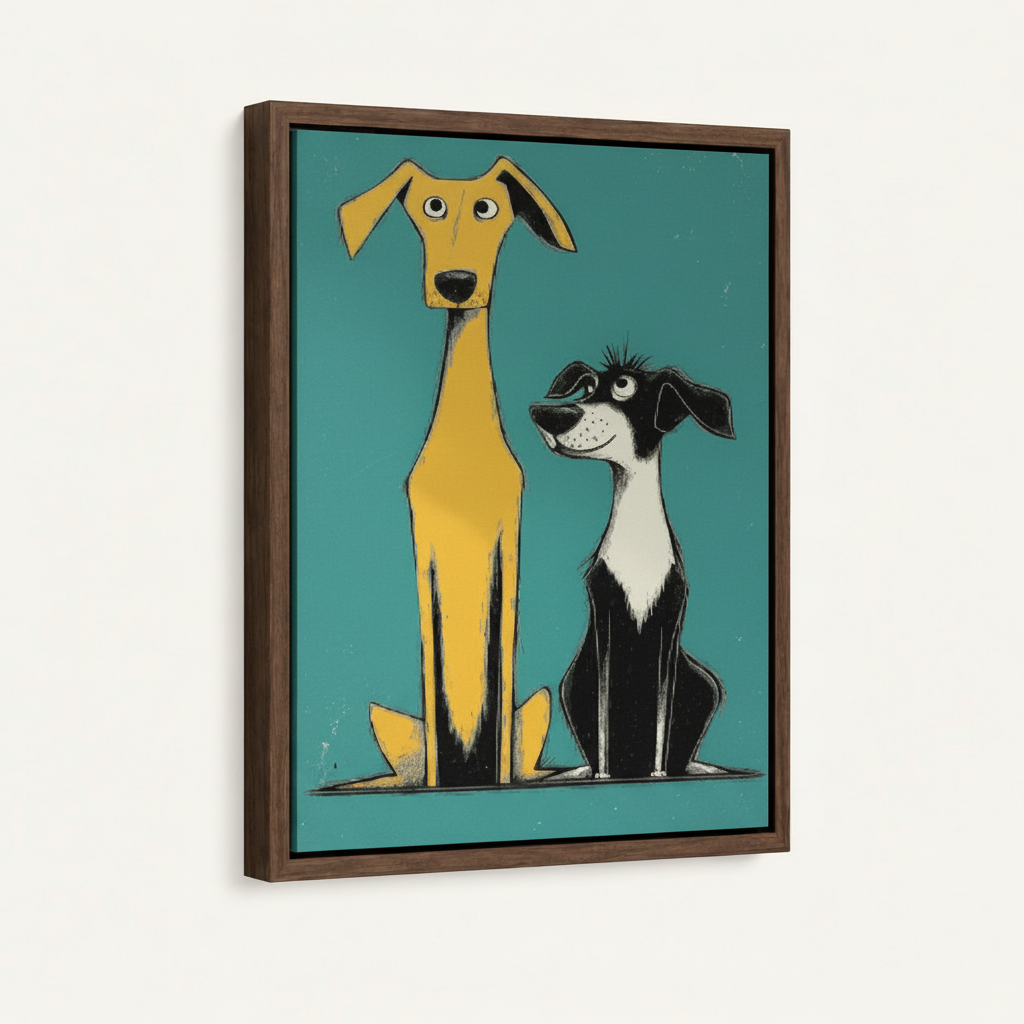 Retro mid-century dog art in dark walnut float frame white background product photo